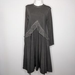 AMMA grey KA77 Unique Art To Wear Lagenlook Cotton Long Sleeve Midi Dress M